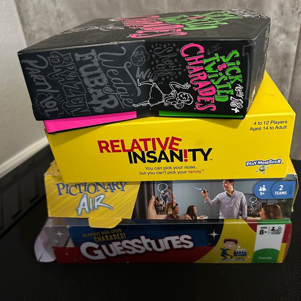 Set of 4 Boardgames for Adults – Sick and Twisted Charades, Relative Insanity, P